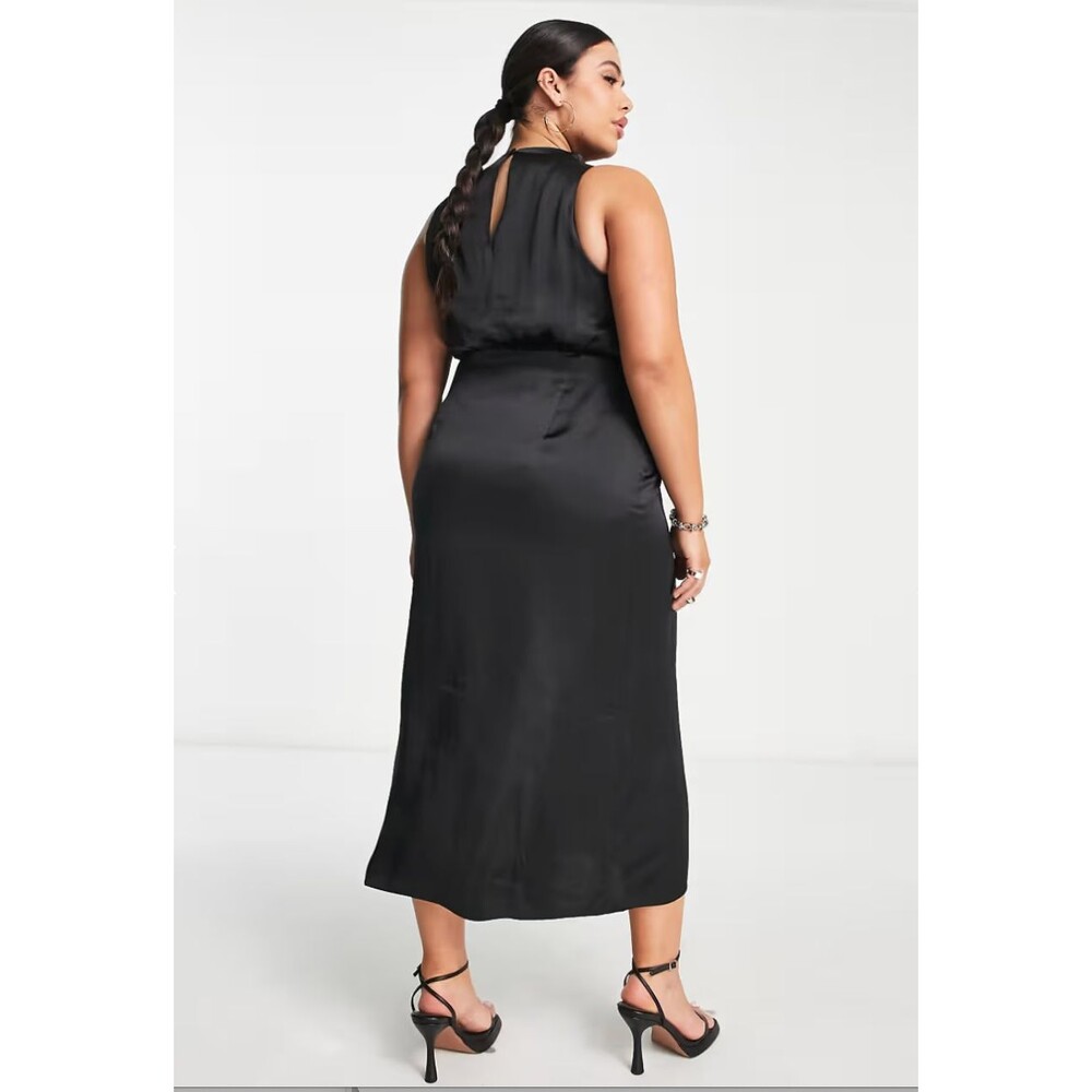 PRETTY LAVISH Dress Women 16 Curve Black Satin Empire High Neck Split Midi NWT - Picture 7 of 12